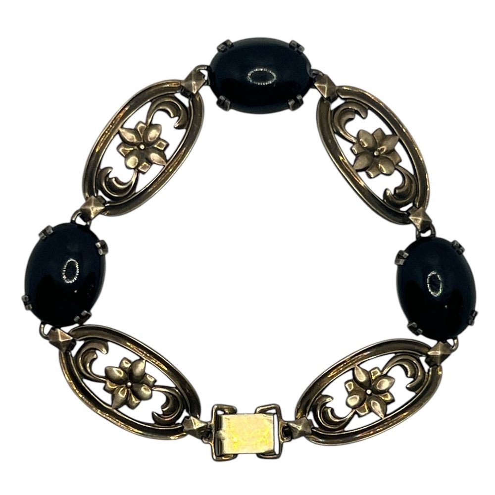 SYMMETALIC sterling silver & 14k black stone flower chain bracelet vintage